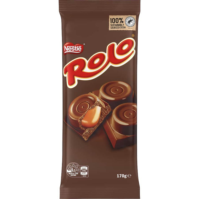 Nestle Rolo Chocolate block, 170g, features milk chocolate with gooey caramel, made with sustainable cocoa for an indulgent treat.