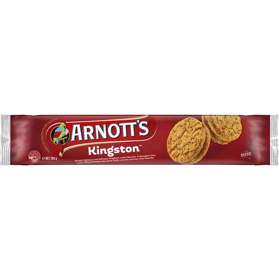 Arnott's Creme Filled Kingston Creams - two coconut-oat biscuits with rich chocolate cream filling, perfect for snacking or sharing.