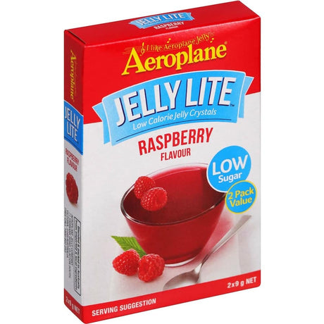 Aeroplane Raspberry Jelly Lite Crystals, low sugar, gluten-free, easy to prepare, and perfect for guilt-free dessert enjoyment.