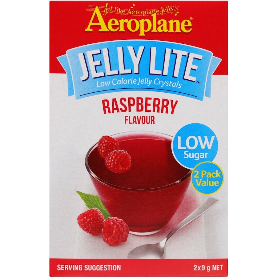 Aeroplane Jelly Lite Crystals Raspberry: a low-sugar, gluten-free dessert mix offering refreshing raspberry flavor.