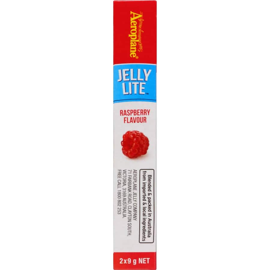 Aeroplane Jelly Lite Raspberry crystals, low sugar and gluten-free, ideal for quick, guilt-free desserts anytime.