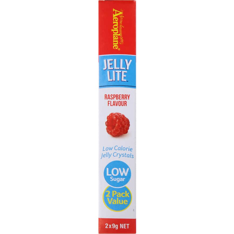 Aeroplane Jelly Lite Crystals in raspberry flavor, low sugar, gluten-free, easy to prepare, refreshing dessert option.