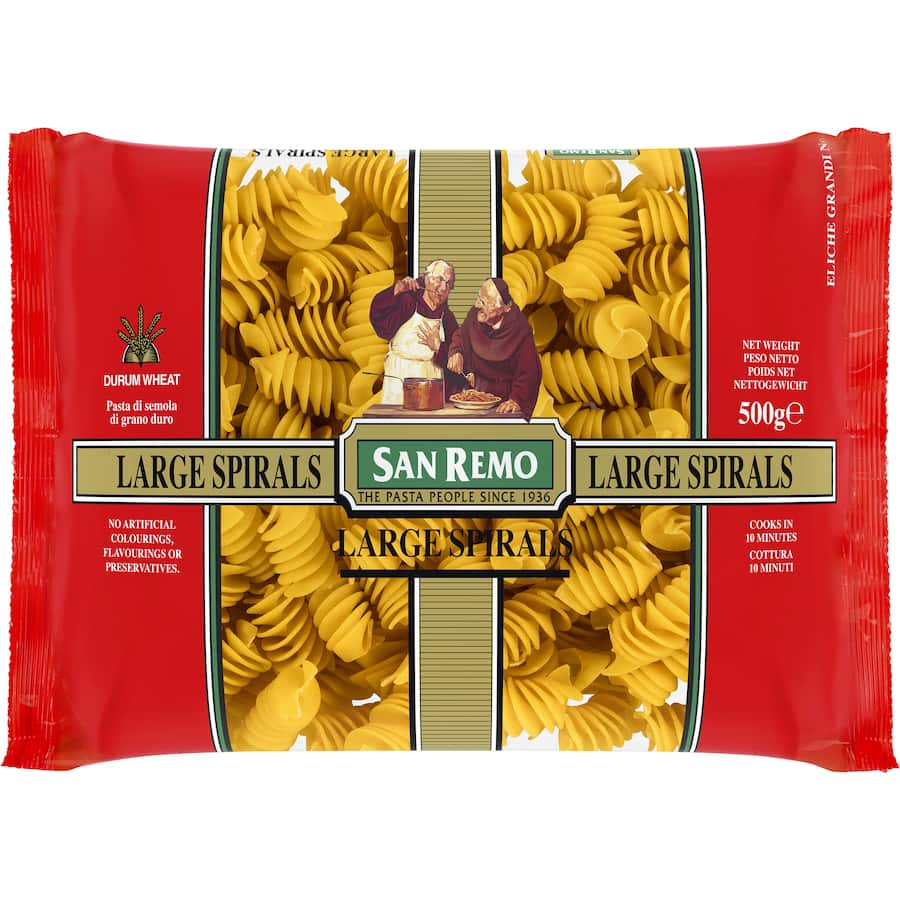 San Remo Pasta Large Spirals No. 53, made from 100% durum wheat, perfect for capturing sauces and quick cooking in 10 minutes.