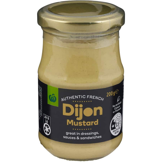 Vibrant Woolworths Dijon mustard in a 200g jar, ideal for enhancing dressings, sauces, and gourmet meals.