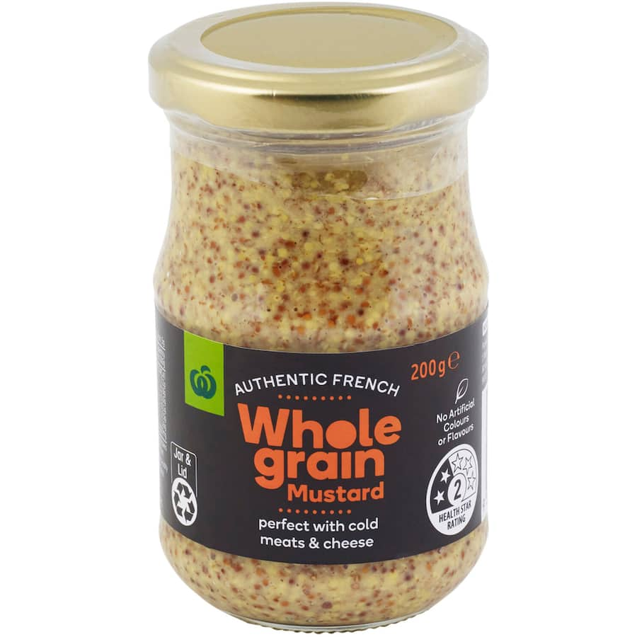 Woolworths Wholegrain Mustard jar showcasing authentic French condiment, perfect for enhancing sandwiches and meats.