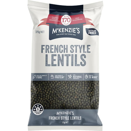 Mckenzie's French Style Lentils in a bag, showcasing their earthy flavor and versatility for healthy meals without soaking.