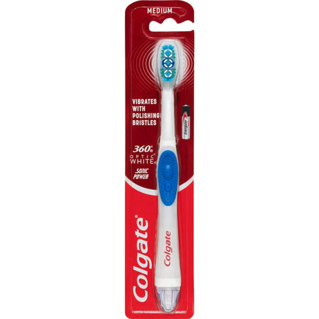Colgate Optic White Electric Toothbrush with medium bristles, 20,000 strokes/min for whitening and comprehensive oral care.