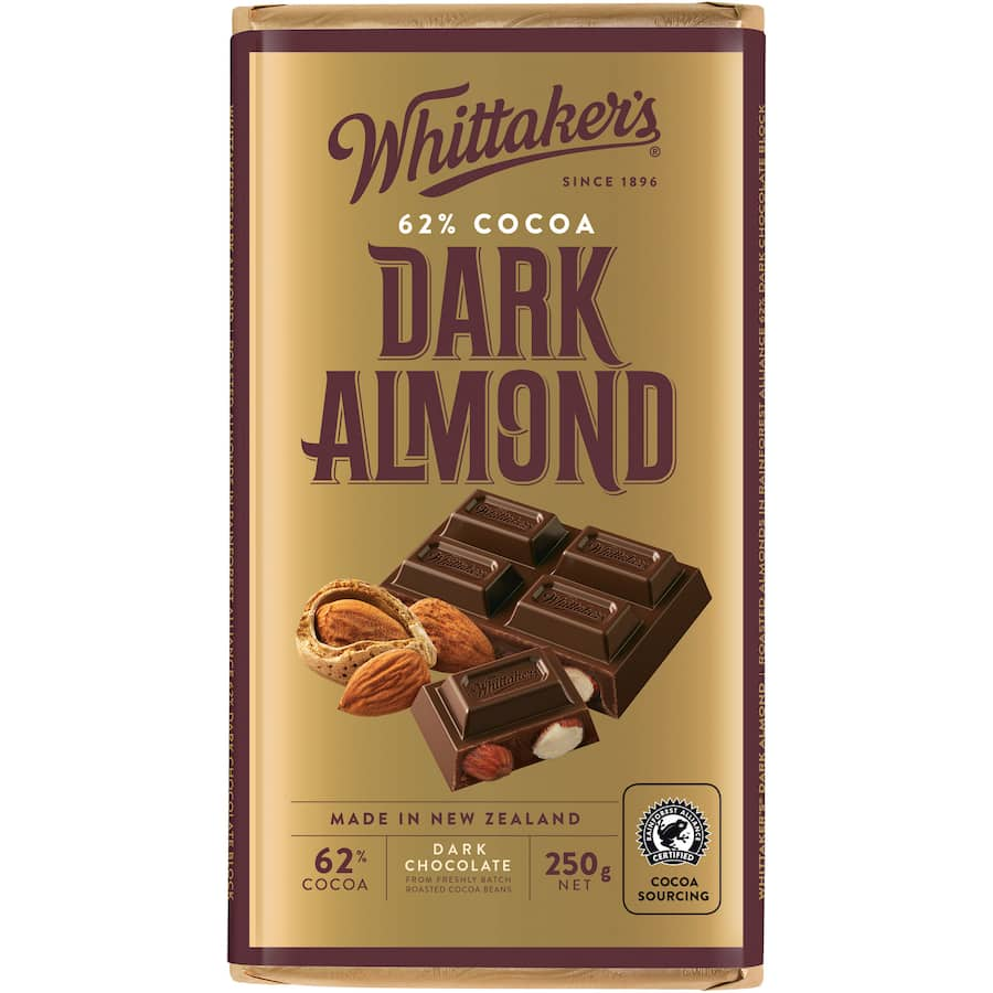 Whittaker's Dark Almond Chocolate 62% features rich dark chocolate with crunchy California almonds in a 250g block.