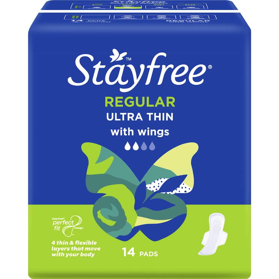 Stayfree Ultra Thin Pads Regular with Wings: ultra-thin, flexible pads with advanced leakage protection and soft, moisture-wicking cover.