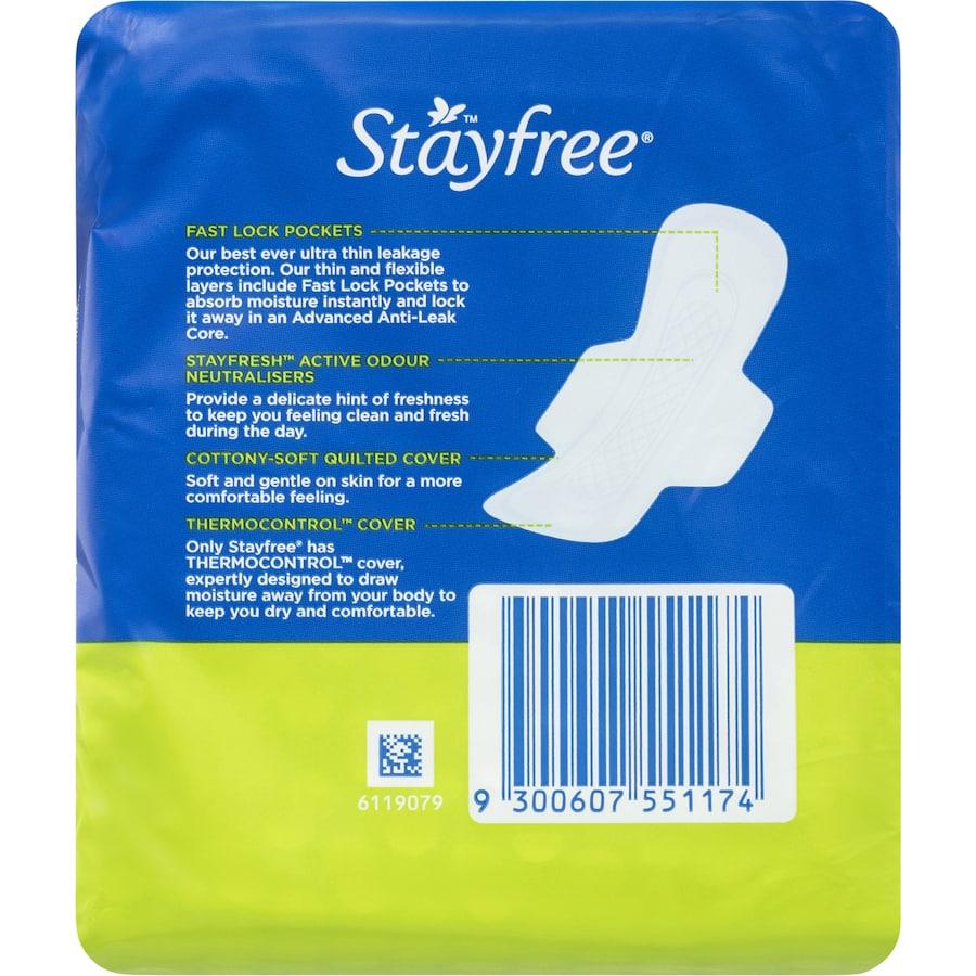 Stayfree Ultra Thin Pads Regular with Wings, featuring a soft cover, flexible layers, and advanced leakage protection for comfort.