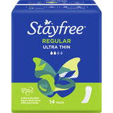 Stayfree Ultra Thin Pads Regular offer discreet, comfortable protection with ultra-thin layers and advanced moisture-locking technology.