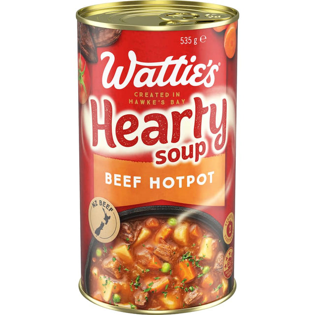 Wattie's Hearty Soup Beef Hotpot: tender beef, potatoes, carrots, and peas in a nutritious, convenient canned meal.