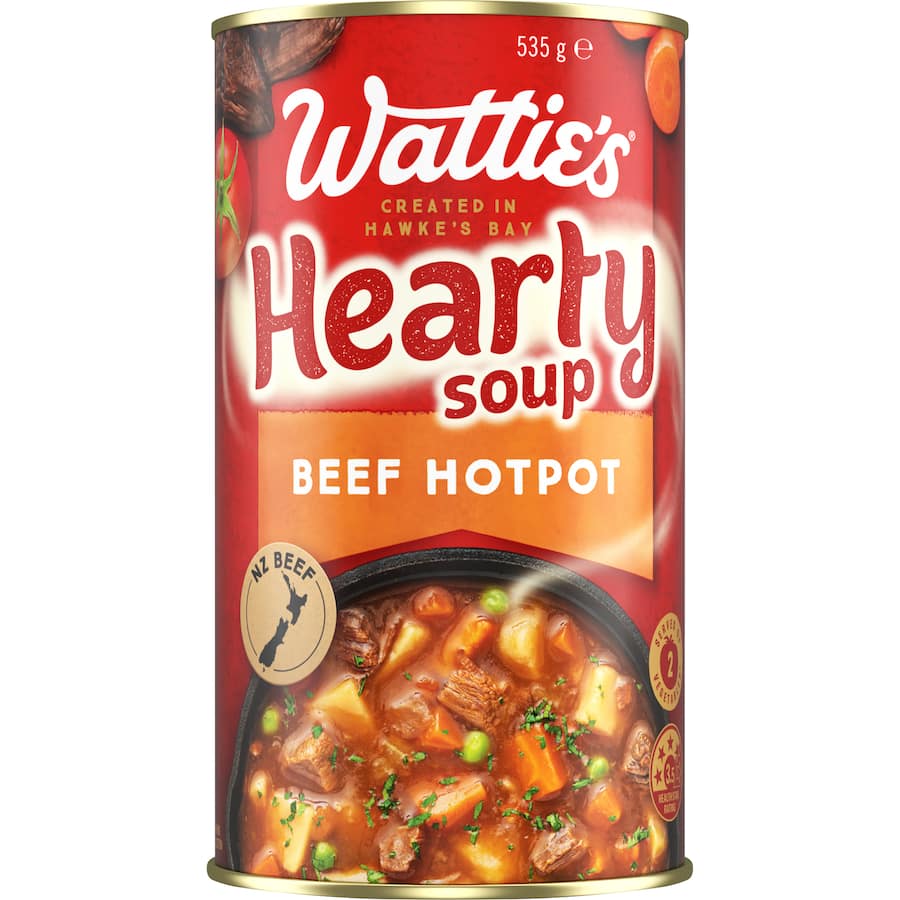 A can of Wattie's Hearty Soup Beef Hotpot featuring tender beef, potatoes, carrots, and peas, offering nutritious, hearty goodness.