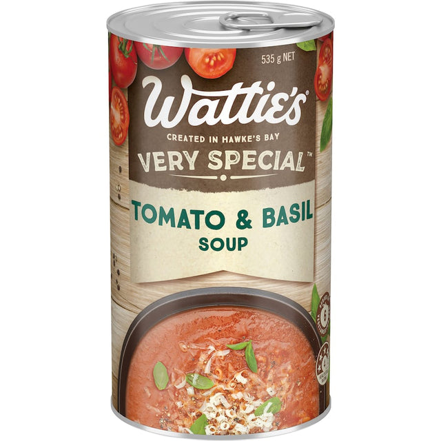 Wattie's canned Tomato & Basil Soup, rich in flavor, 99% fat-free, made with quality ingredients for a quick, wholesome meal.