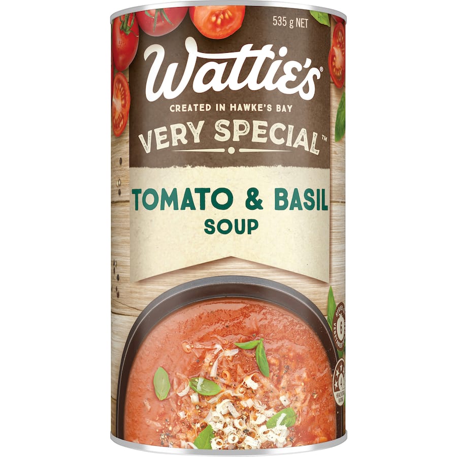 Wattie's Tomato & Basil Soup can featuring rich tomatoes and basil, perfect for a quick, flavorful meal with added nutrition.