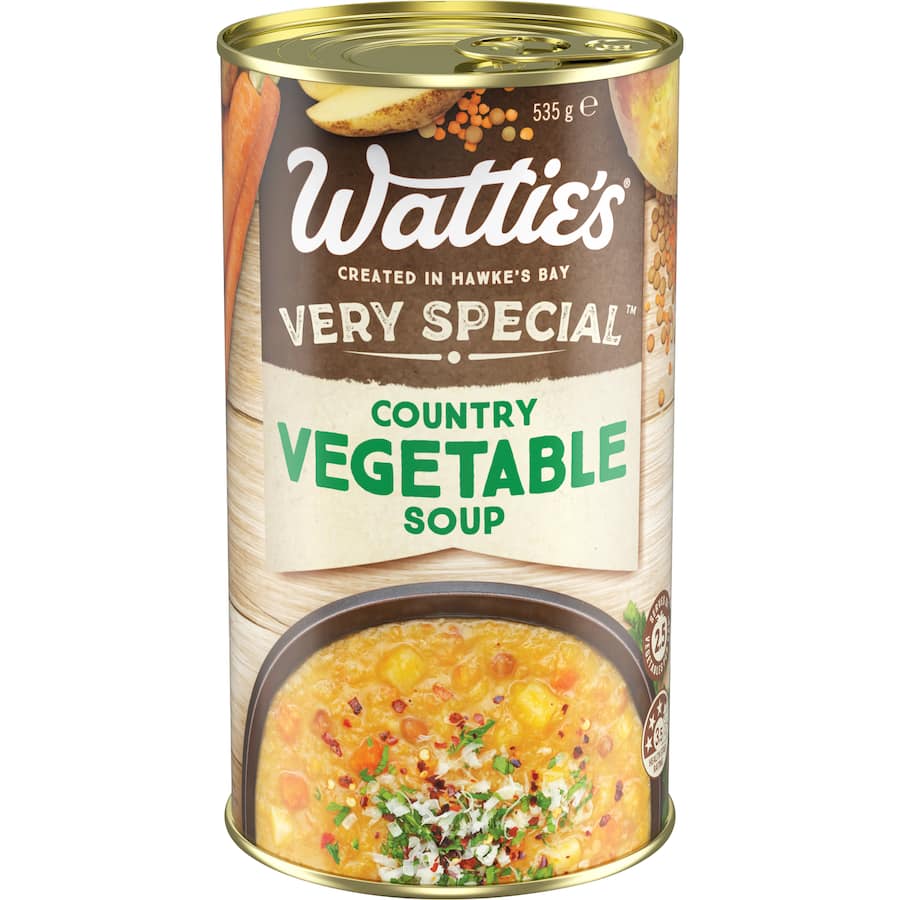 Wattie's Very Special Soup Country Vegetable in a can, featuring carrots, potatoes, lentils, and aromatic curry spices.