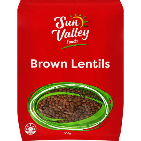 Brown lentils from Sun Valley Foods, rich in protein and fiber, perfect for quick, nutritious meals and versatile in recipes.