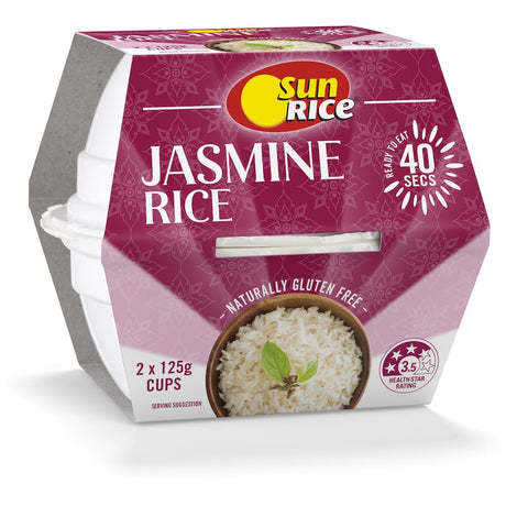 A quick-cooking cup of Sunrice Fragrant Jasmine rice, gluten-free and perfect for easy Southeast Asian-inspired meals.