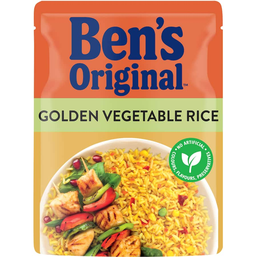 Bens Original Microwave Rice with Golden Vegetables featuring vibrant capsicum, sweetcorn, and peas, ready in 90 seconds.