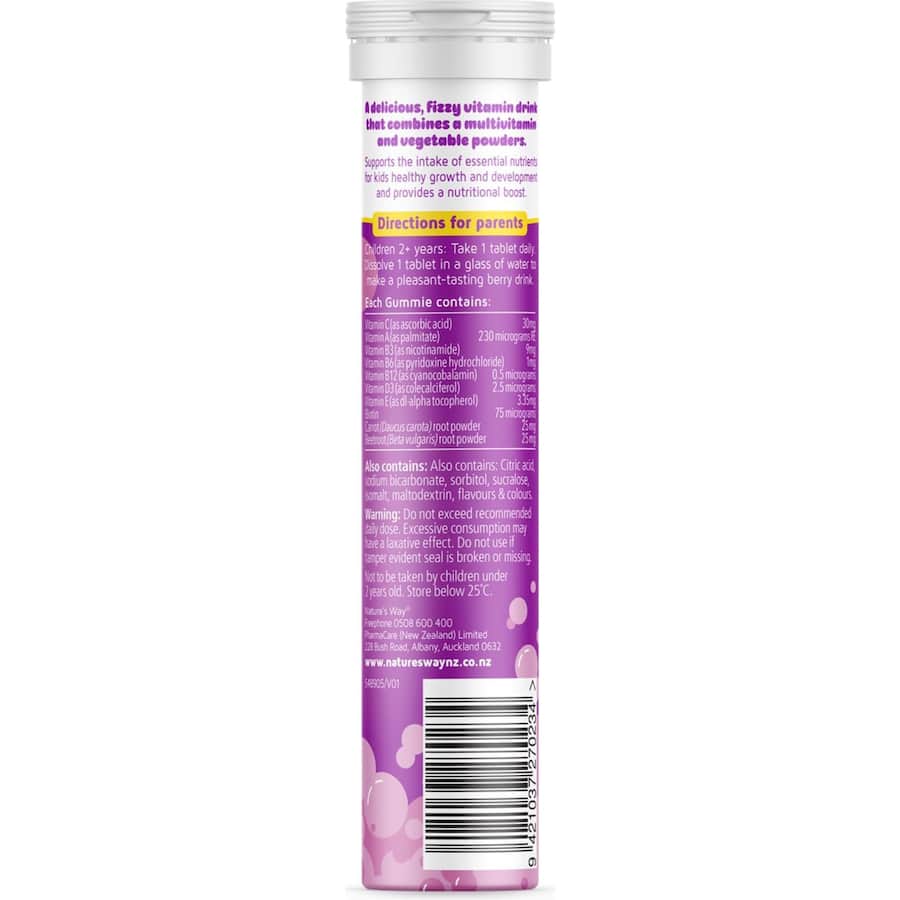 Natures Way Kids Smart Multi-vitamins effervescent tablets, packed with vitamins, veggie benefits, and delicious flavor for kids.