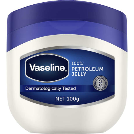 Vaseline Petroleum Jelly in a jar, offering pure, triple-purified petroleum for soothing and moisturizing all skin types.