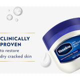 Vaseline Petroleum Jelly in a jar, providing moisture and protection for dry skin, lips, and minor cuts. Perfect for sensitive skin.