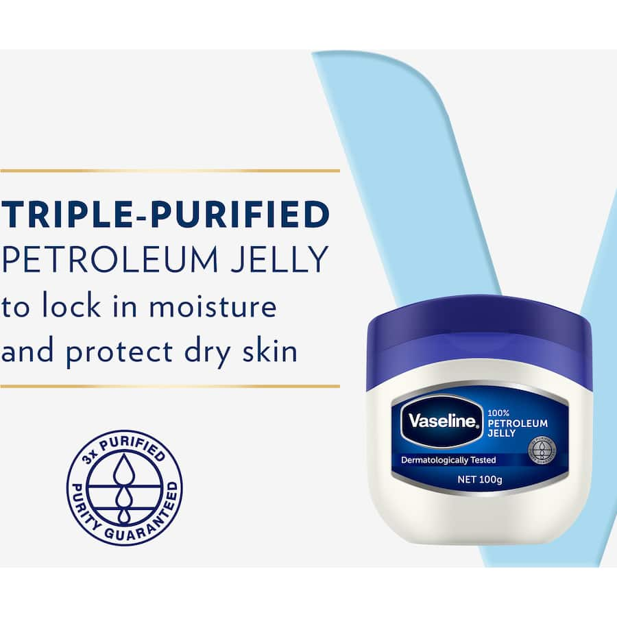 Vaseline Petroleum Jelly in a jar, offering 100% pure moisture for dry skin, lips, and minor wounds. Perfect for daily care.