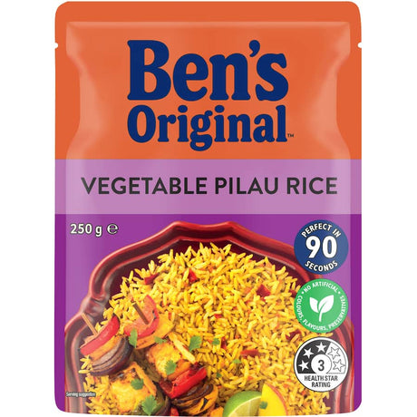 Ben's Original Microwave Rice Vegetable Pilau features basmati rice with vibrant vegetables and spices, ready in 90 seconds.