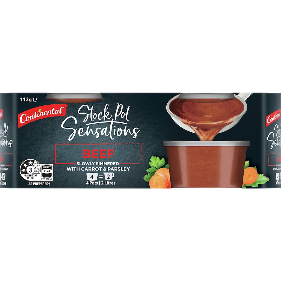 Rich and concentrated beef stock pot for enhancing soups, stews, and casseroles with robust, bold flavor.