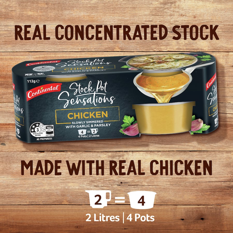 Continental Sensations Chicken Stock Pot, a rich, concentrated stock for flavorful soups, stews, and marinades without preservatives.