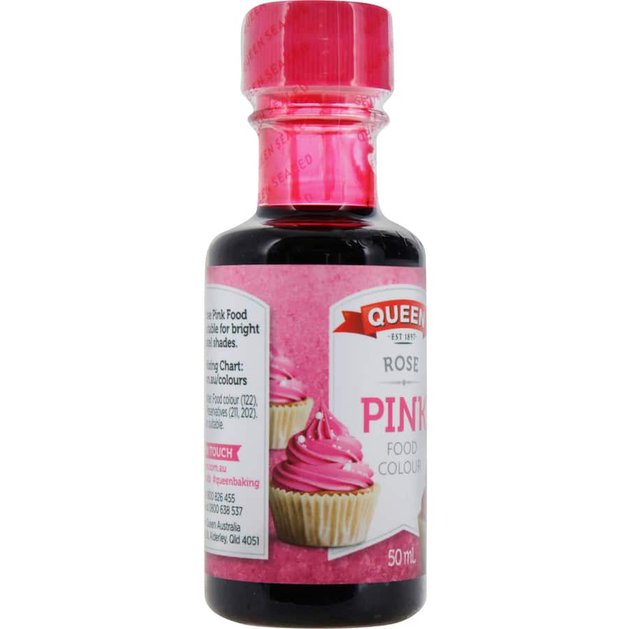 Queen Food Colour Rose Pink bottle with vibrant pink liquid, perfect for baking and achieving pastel or bold pink shades.