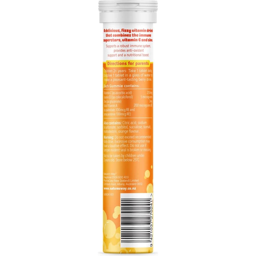 Effervescent Vitamin C and Zinc supplement for kids, promoting immune health in a tasty, convenient tablet form.