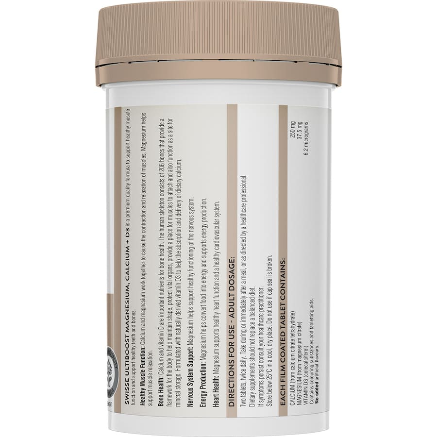 Swisse Ultiboost Magnesium Calcium Vitamin D tablets for muscle function, strong bones, and enhanced vitality.