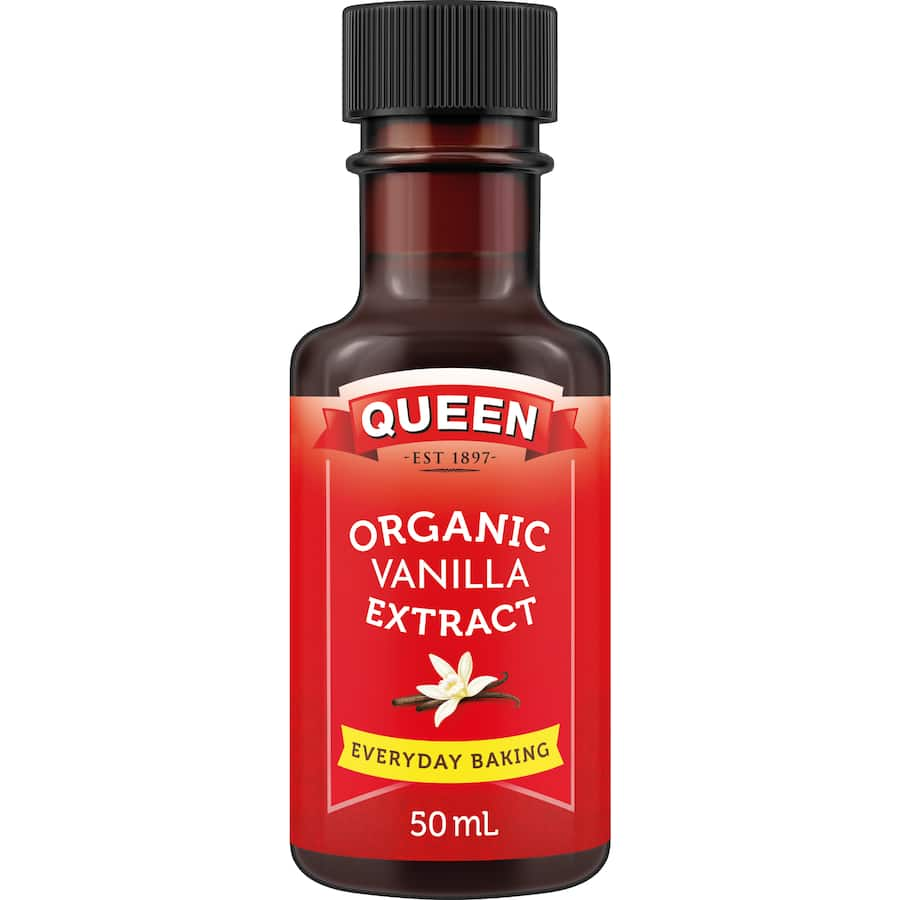 Queen Organic Vanilla Extract bottle showcasing rich aroma and gourmet flavor, perfect for baking, cooking, and enhancing recipes.