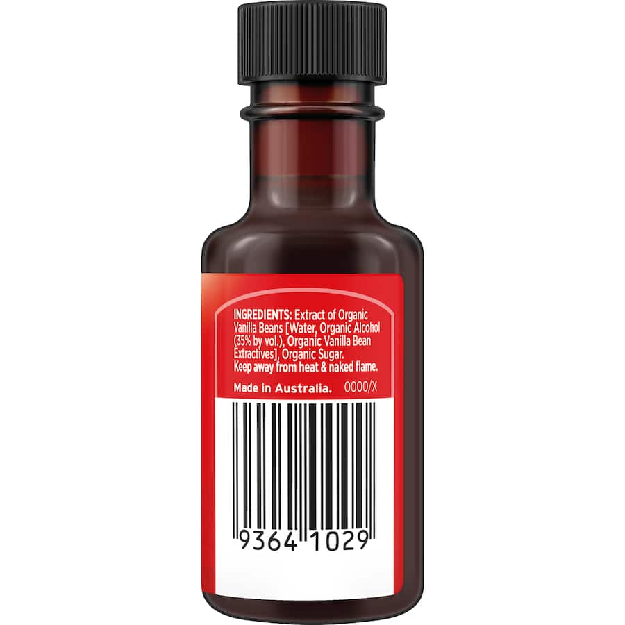 Bottle of Queen Organic Vanilla Extract made from premium organic beans, ideal for enhancing desserts and savory dishes.