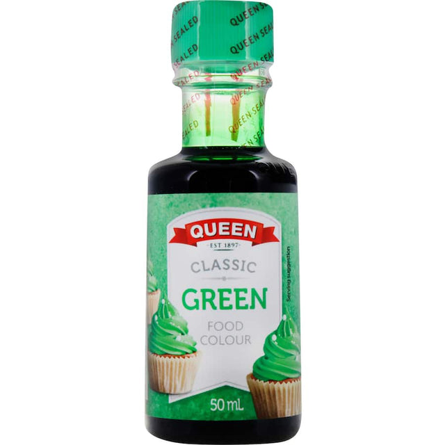 Queen Food Colour Green bottle showcasing vibrant liquid food dye ideal for enhancing desserts and culinary creations.