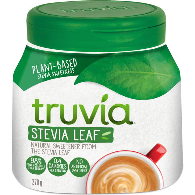 Truvia Sugar Substitute Stevia Granules in a jar, ideal for sweetening beverages and meals without added calories.