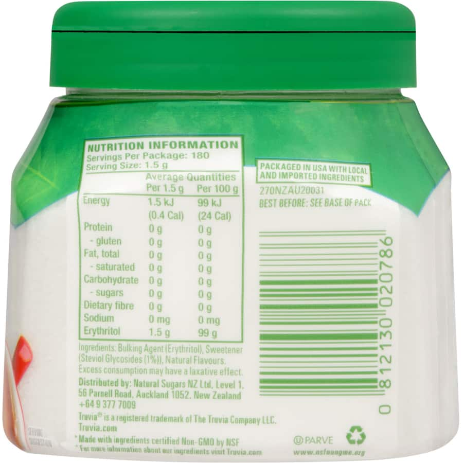 Truvia Sugar Substitute Stevia Granules in a jar, ideal for low-calorie sweetening of drinks and foods.