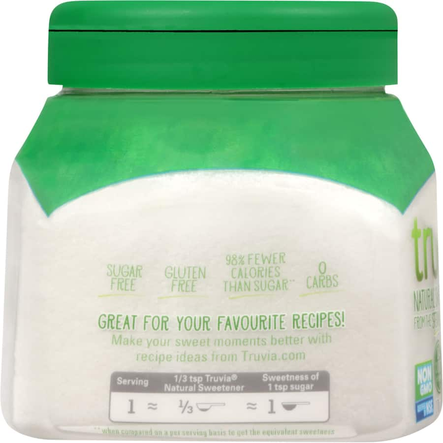 Truvia Sugar Substitute Stevia Granules in a jar, a low-calorie natural sweetener perfect for coffee, tea, and baking.