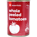 Whole peeled tomatoes in a can, ideal for pasta sauces, casseroles, and soups, packed with rich flavor and no artificial additives.