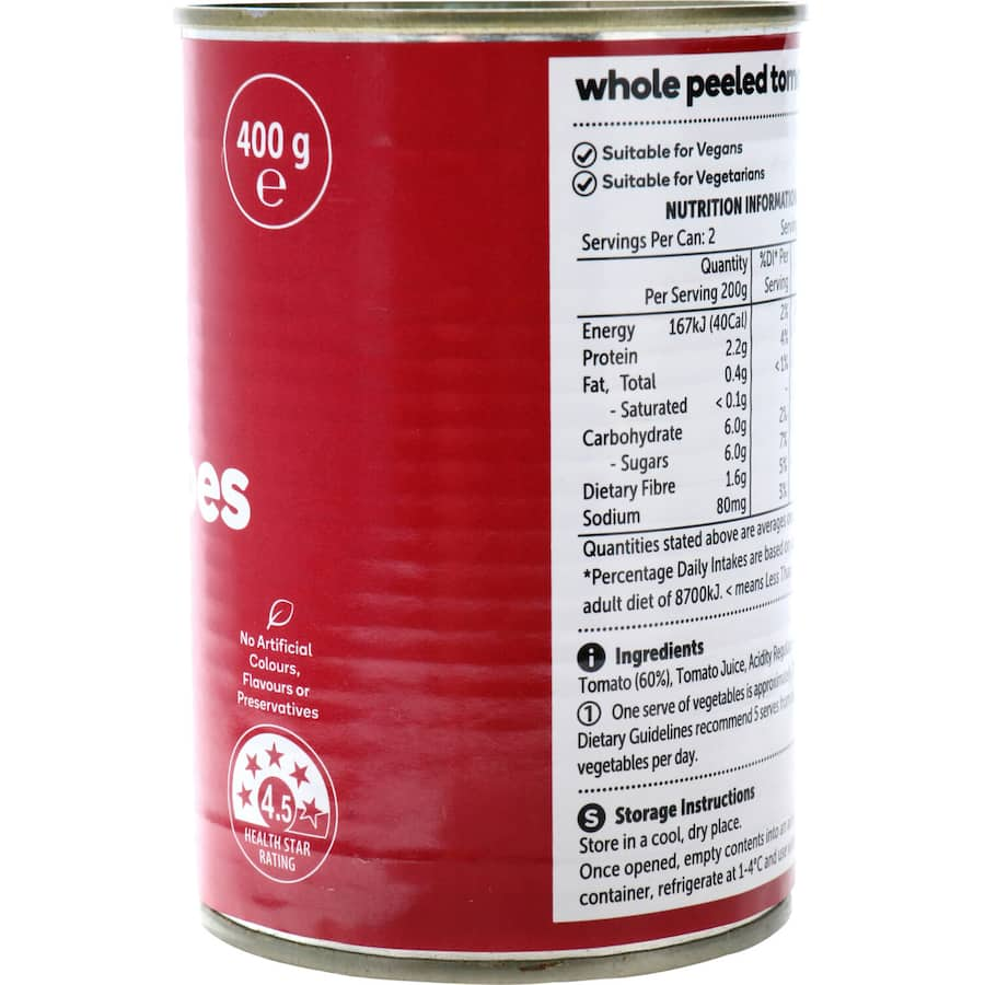 Whole peeled tomatoes in a can, packed for freshness, ideal for pasta, casseroles, and soups without artificial additives.