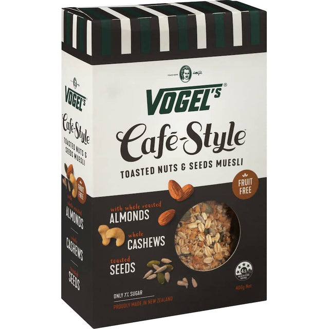 Vogel's Cafe Style Muesli Nuts & Seeds: a nutritious breakfast blend of wholegrain oats, nuts, seeds, and light sweetness.