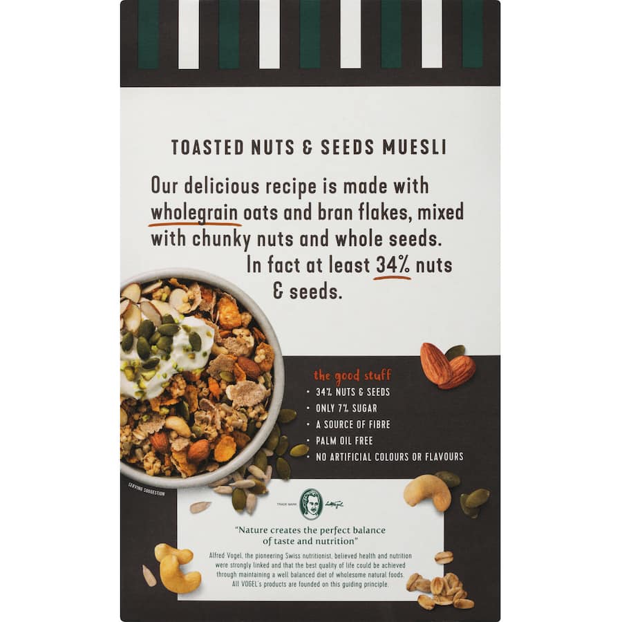 Vogel's Cafe Style Muesli Nuts & Seeds featuring wholegrain oats, crunchy clusters, and a luxurious blend of nuts and seeds.