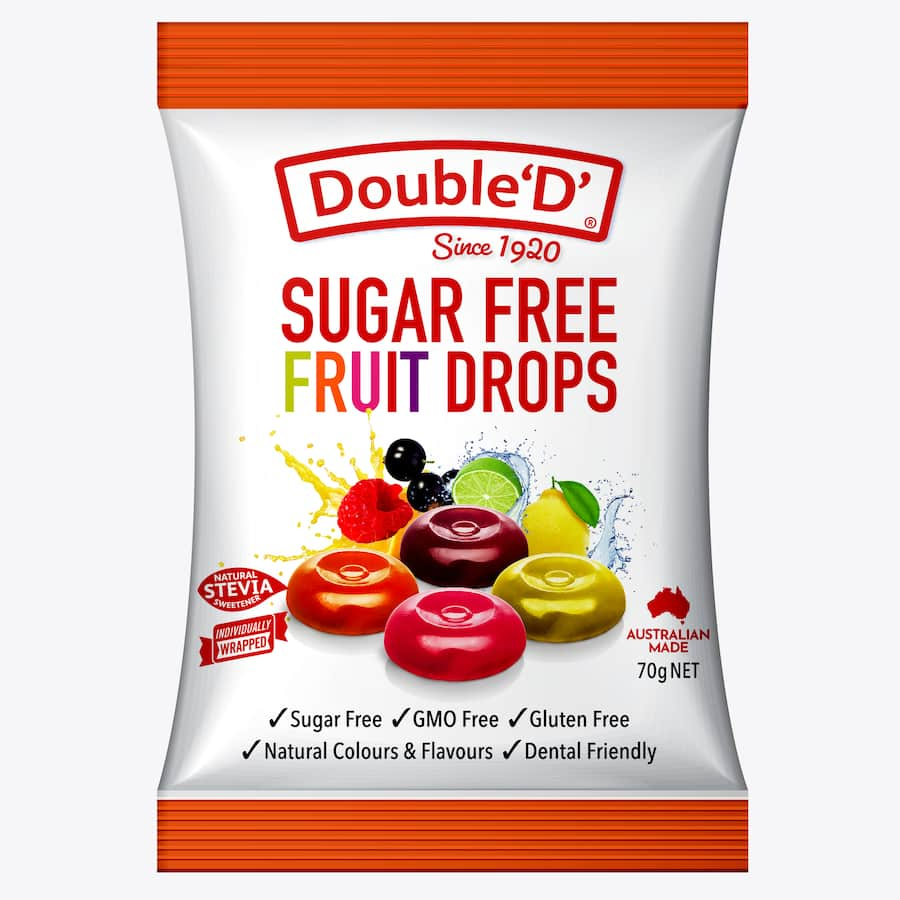 Sugar-free fruit drops by Double D Sweets, sweetened with stevia and bursting with natural fruity flavors.