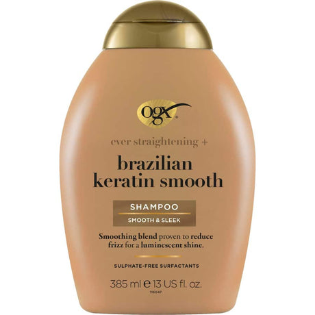 OGX Brazilian Keratin Therapy Shampoo, a sulfate-free blend for smooth, strong, and shiny wavy or curly hair.