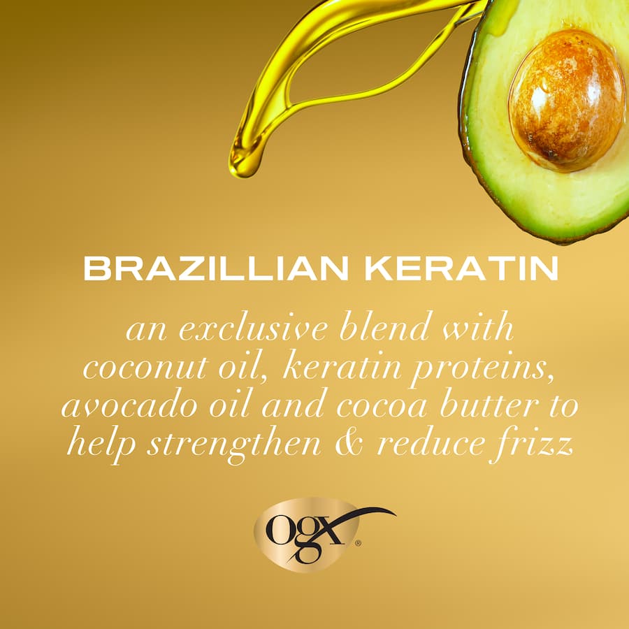 Bottle of OGX Brazilian Keratin Therapy Shampoo, enriched with coconut oil and keratin for smooth, shiny, manageable hair.