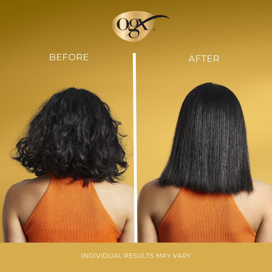 OGX Brazilian Keratin Therapy Shampoo bottle, featuring a blend of coconut oil and keratin for smooth, shiny hair.