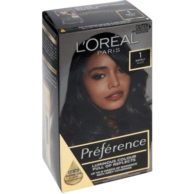 L'Oreal Preference Hair Colour Napoli Black 1, a premium dye for vibrant, long-lasting, glossy black hair with 100% grey coverage.