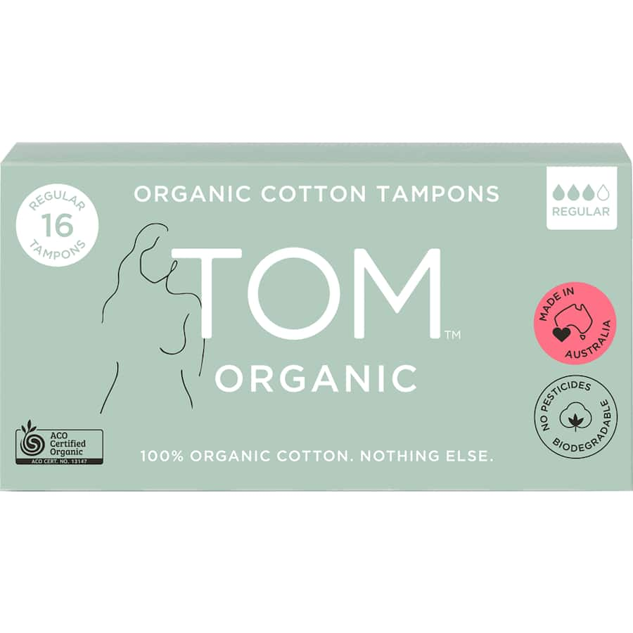 TOM Organic Regular Tampons, made from 100% organic cotton, offer hypoallergenic, biodegradable comfort for medium flow days.