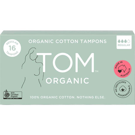 TOM Organic Regular Tampons, made from 100% organic cotton, offer hypoallergenic, biodegradable comfort for medium flow days.